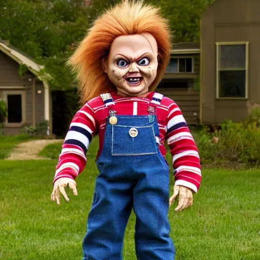 Prompt: Chucky the killer doll standing in the yard