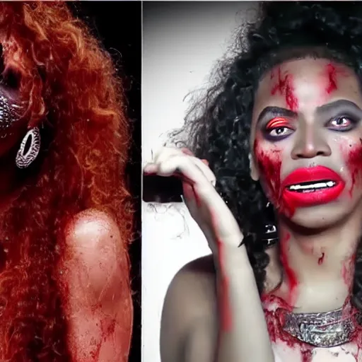 Image similar to Beyonce dancing thriller in zombie make up, realistic, music clip, good quality, horror, detailed