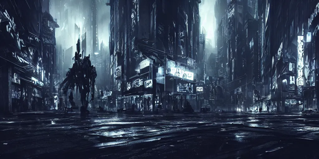 Image similar to Uncanny valley, dark grotesque nocturne cyberpunk city, armed and dangerous, night, black, grey, white, realistic 4k octane beautifully detailed render, 4k post-processing, highly detailed, intricate complexity, epic composition, magical atmosphere, cinematic lighting, masterpiece, ultra hd