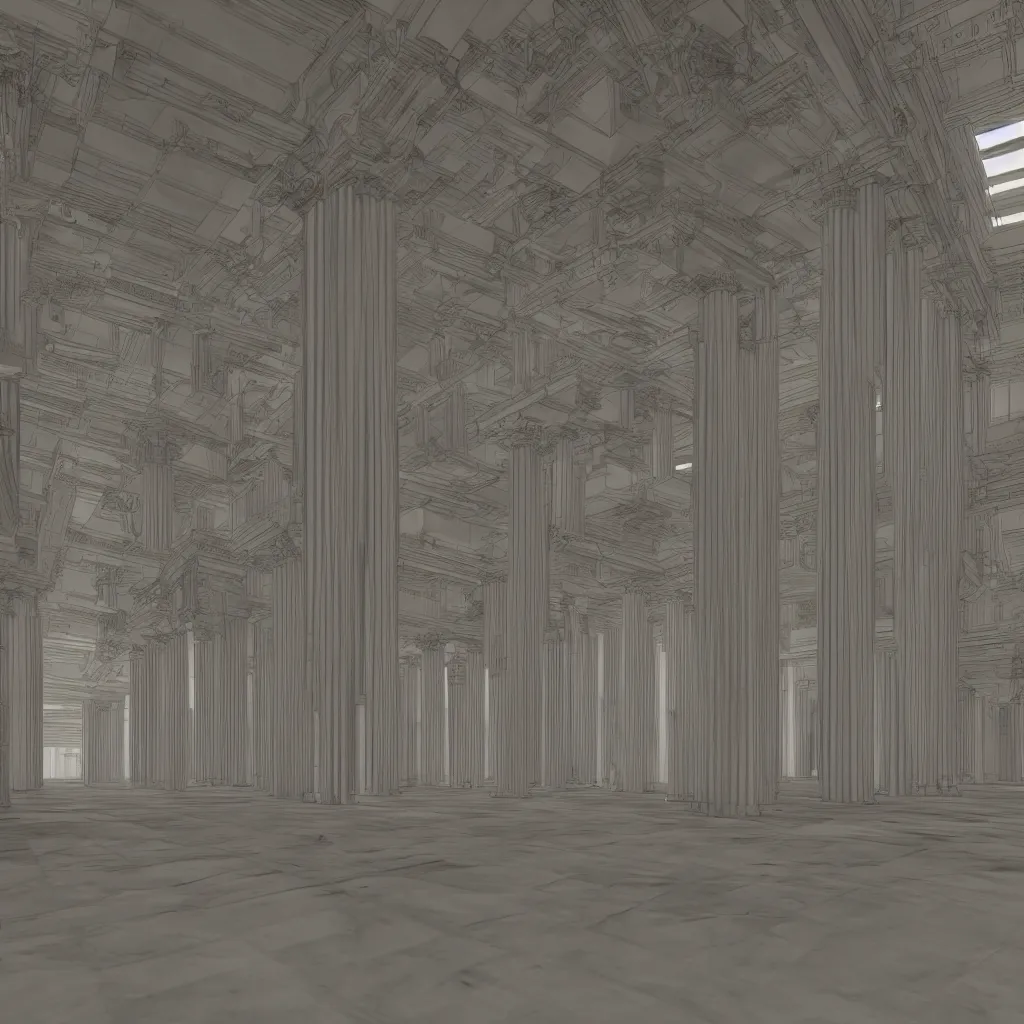 Image similar to a very large room with a lot of columns, a computer rendering by senior environment artist, polycount, deconstructivism, greeble, vray, vray tracing