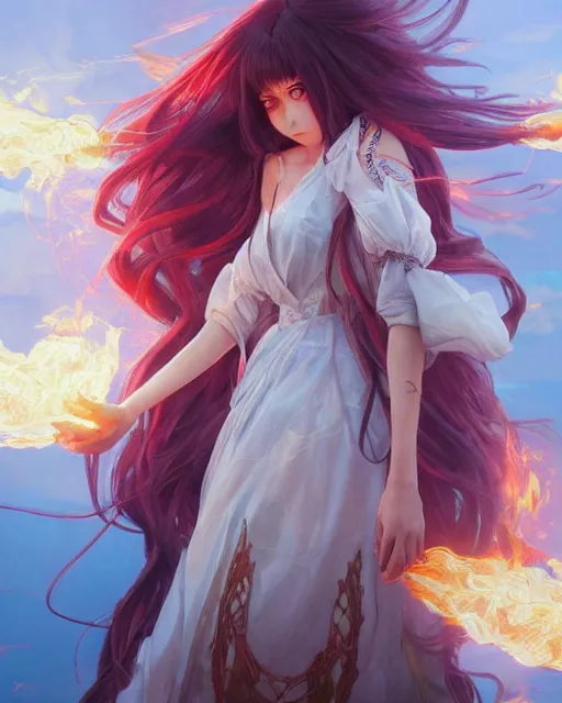 Image similar to beautiful long haired anime girl, fire dress, full body photo, flames everywhere, highly detailed, digital painting, artstation, concept art, smooth, sharp focus, illustration, art by artgerm and greg rutkowski and alphonse mucha