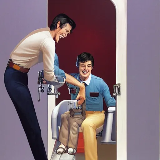 Prompt: Actor Randolph Mantooth is smiling as he climbs out of a toilet bowl by Ralph McQuarrie