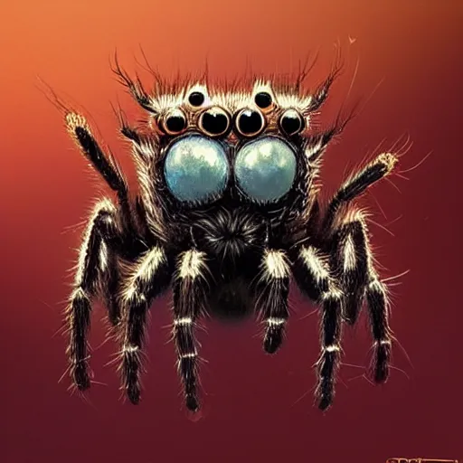 Prompt: a very cute jumping spider highly detailed, digital painting, artstation, concept art, illustration, art by Greg Rutkowski and alphonse mucha
