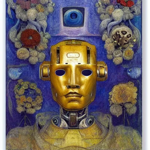 Image similar to masterpiece painting of the head of a robot wearing a mask made of flowers, by annie swynnerton and diego rivera and jean delville, flower mask, symbolist, dramatic lighting, god rays, elaborate geometric ornament, art brut, soft cool colors, smooth, sharp focus, extremely detailed, adolf wolfli