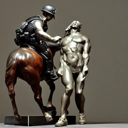 Prompt: modern policeman charging sculpted by bernini