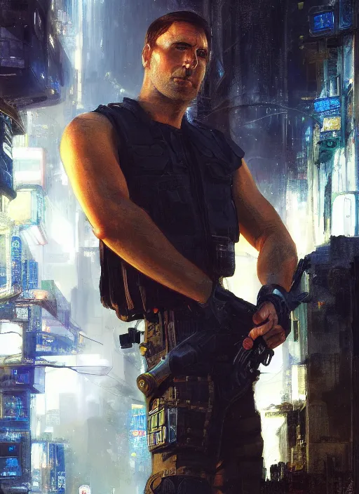 Prompt: sterling archer. cyberpunk mercenary in a military vest ( blade runner 2 0 4 9, cyberpunk 2 0 7 7 ). orientalist portrait by john william waterhouse and james gurney and theodore ralli and nasreddine dinet, oil on canvas. cinematic, hyper realism, realistic proportions, dramatic lighting, high detail 4 k