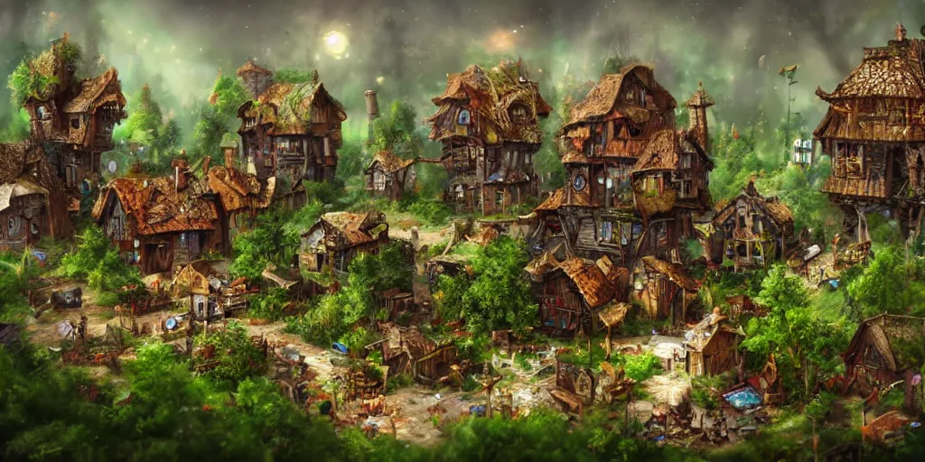 Image similar to Fantasy village built on PC motherboard, trees, green plants, broken parts, wooden houses, mold, tiny villagers, PC hardware, high quality, trending on artstation, highly detailed