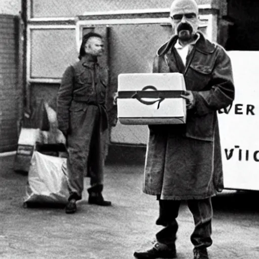 Image similar to Walter White during world war delivering amazon packages, vintage photographs