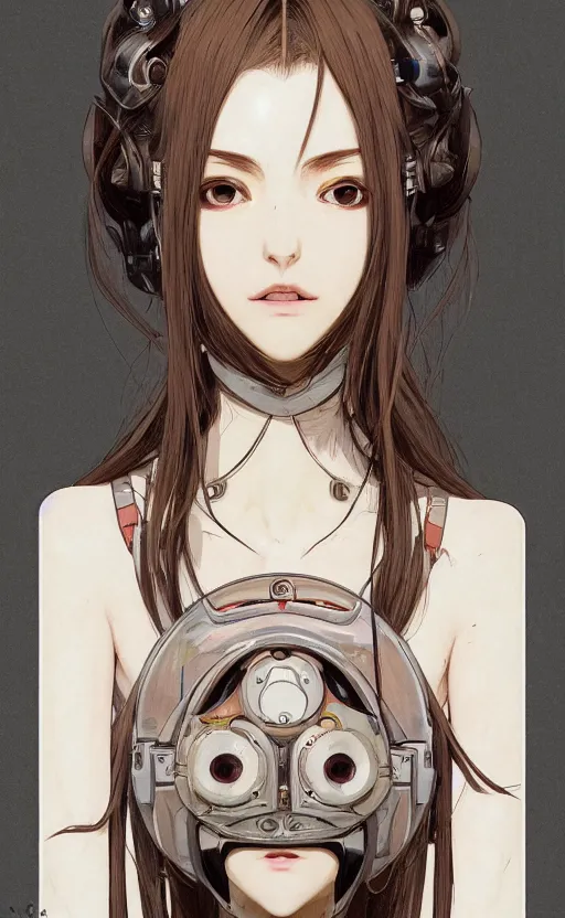 Image similar to a girl, fused robot parts, vintage clothing, anime style, long hair, hair down, symmetrical facial features, from arknights, hyper realistic, 4 k, rule of thirds, extreme detail, detailed drawing, trending artstation, hd, d & d, realistic lighting, by alphonse mucha, greg rutkowski, sharp focus, backlit