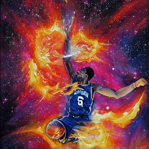 Image similar to An expressive oil painting of a basketball player dunking, depicted as an explosion of a nebula