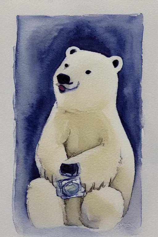 Prompt: a cute anime polar bear holding a porcelain, watercolor, white background, lovely