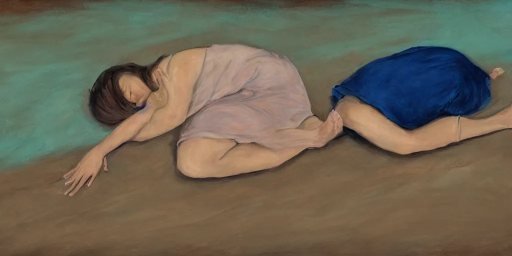 Image similar to painting of sad woman in fetal position lying on the floor