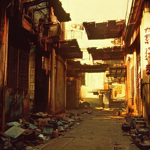 Image similar to wideangle view of an alley in kowloon walled city, dirty, decaying, golden hour, cinestill, art by syd mead