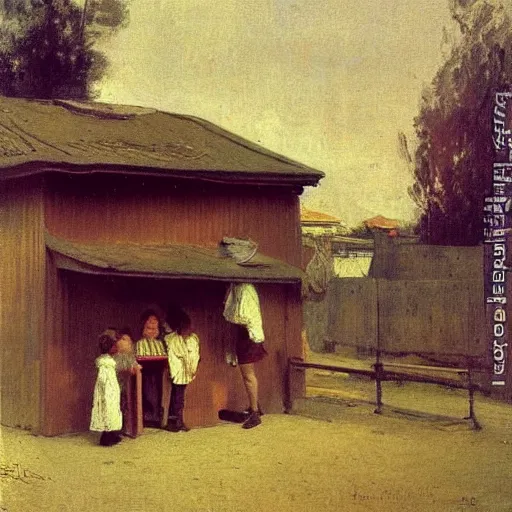 Prompt: A family in front of their Simple house, by Ilya Repin, vintage shading