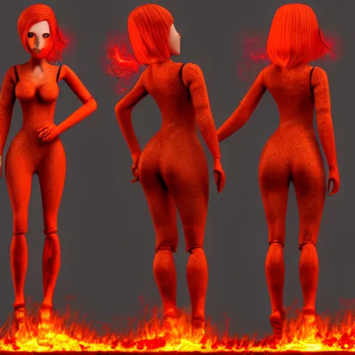 Prompt: A flaming lava game character, fire lava dress, doll-like, character design sheet, detailed eyes, HDR