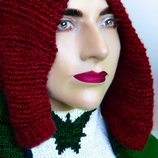 Image similar to a hand knit wool sweater with a lady gaga face pattern