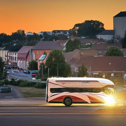 Image similar to transit bus driving through a small town during sunset