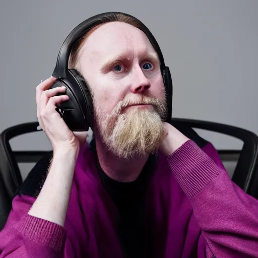 Image similar to professional portrait of Varg Vikernes wearing a pair of pink cat ear headphones and a white sweater sitting in a gaming chair, 8k, dslr,