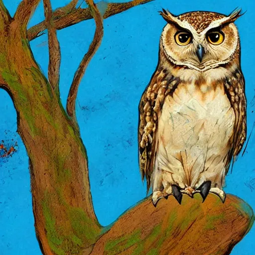 Prompt: a wise owl sits on a tree branch and contemplates the meaninglessness of money, synesthesia pastel impasto highly rhythmic expressionistic wild symmetrical pleasing palette trending on artstation funhouse surreal unpredictable wild unexplainable fantasy land in the gritty posterized grainy analog style of studio ghibli and 1 9 6 0 s americana comics, hq 8 k scan