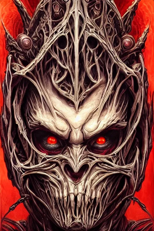 Prompt: Elden Ring and Doom themed painting of majestic crimson biomechanical necro revenant human hybrid beautiful undead angel symmetrical angry mask closeup face angry mask closeup tattoo pattern golden ratio concept, Neo-Gothic concept, infinity glyph waves, intricate artwork masterpiece, very coherent artwork, cinematic, full frontal facial features by Artgerm, art by H.R. Giger, Takato Yamamoto, Zdizslaw Beksinski, Johnatan Wayshak, Moebius, Ayami Kojima, very anatomically coherent artwork, trending on cgsociety, ultra high quality model, production quality cinema model, high detail chromatic ink outline, octane render, unreal engine 8k, hyper realism, high detail, octane render, unreal engine, 8k, High contrast