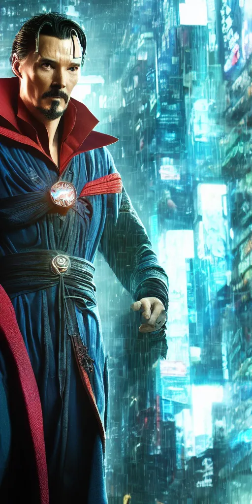 Image similar to cyberpunk, dr strange, photograph, cinematic,