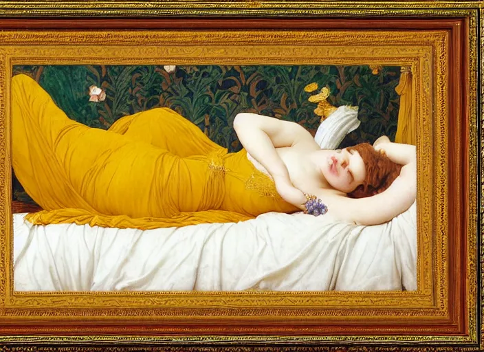 Prompt: portrait of lady reclining on bed wearing yellow ochre ornate medieval dress, foreshortening, framed, preraphaelite colour photography by frederic leighton, william morris, 8 k