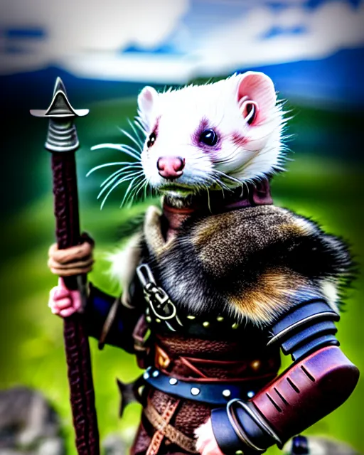 Image similar to ferret warrior, furry, fantasy, viking, high detailed, photography, cloudy, lightweight leather armour, scandinavia, plain, detailed face, look into the distance, serious face, full body, in full growth, professional photographer, masterpiece, 5 0 mm, extremely detailed, 8 k