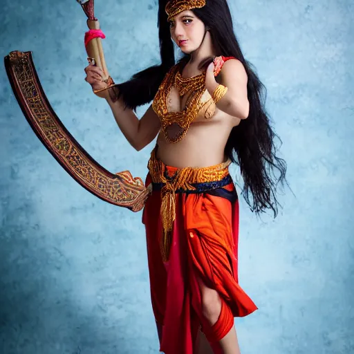 Prompt: young greek italian woman as ramayana, cosplay, studio lighting