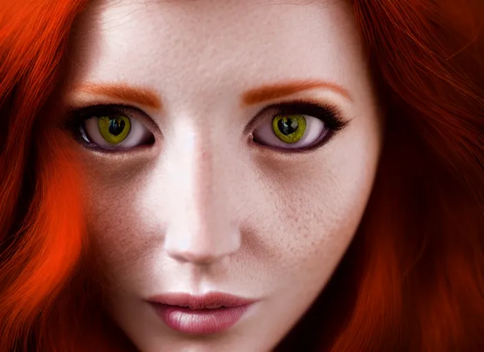 Image similar to 5 5 mm portrait photo of a redhead woman's face with ( intricate cat eyes )!!. highly detailed 8 k. intricate. lifelike. soft light. nikom d 8 5 0. cinematic post - processing