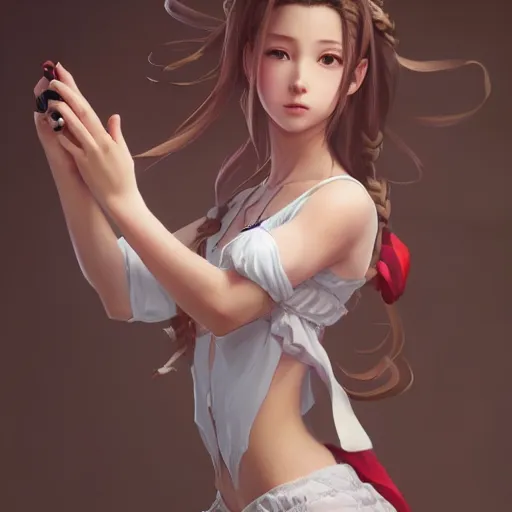 Image similar to full body shot of aerith gainsborough by WLOP, rossdraws, Logan Cure, Mingchen Shen, BangkuART, sakimichan, yan gisuka, JeonSeok Lee, zeronis, Chengwei Pan on artstation 2619518719