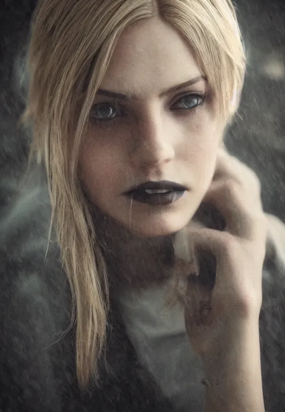 Image similar to cute model annie leonhart posing in dunwall city, beautiful face, detailed face, realistic eyes, cinematic lighting, rainy weather, melancholy atmosphere, volumetric light, gothic architecture, realistic reflections, model agency, instagram photo, depression atmosphere, shot on sony a 7, beauty filter, dishonored 1, postprocessing