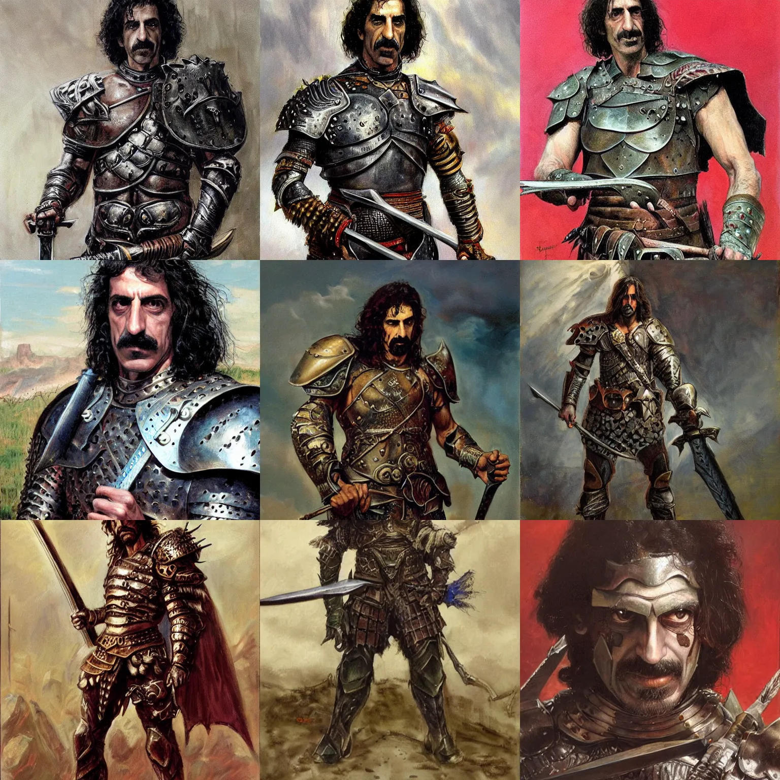 Image similar to portrait of frank zappa wearing armor and holding sword by frank fazetta, fantasy, barbarian