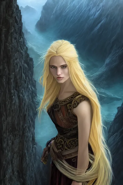 Image similar to A beautiful Norse heroine with long blonde hair on a ledge of deep abyss fantasy with a faulcon on her arm, tibet, vertiginous view and valley, intricate, elegant, highly detailed, D&D, digital painting, artstation, concept art, matte painting, sharp focus, illustration, extremely moody lighting, glowing light and shadow, atmospheric, shadowy, cinematic, in the style of Greg Rutkowski and roger deakins, paolo reversi, jim burn, and Alphonse Mucha