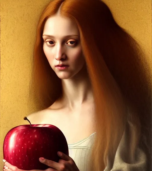 Prompt: portrait of a long - haired woman with an apple sitting upon a table with heightened detail, poised, intense emotion, detailed facial expression, detailed surroundings, intricate, elegant, highly detailed, centered, digital painting, artstation, concept art, smooth, sharp focus, illustration, by ( leonardo da vinci ), wlop