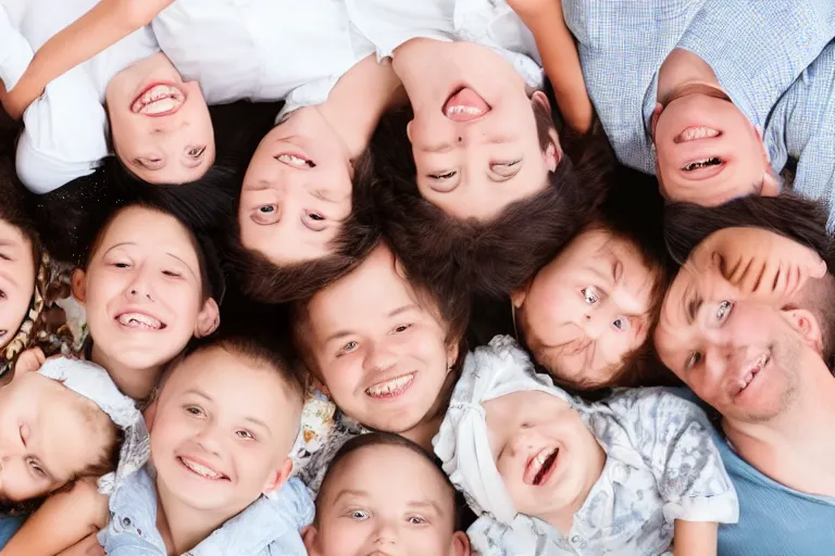 Prompt: A beautiful family portrait, but everyone's head is upside down or on backwards, photography, 85mm, photorealistic