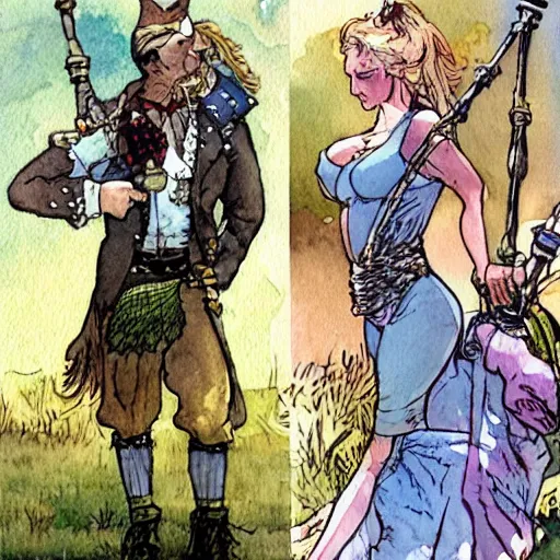 Image similar to a realistic and atmospheric watercolour fantasy concept art of britney spears dressed with scottish clothes and with bagpipe, muted colors. by rebecca guay, michael kaluta, charles vess and jean moebius giraud,