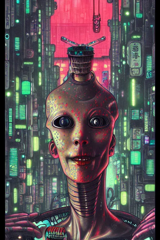 Image similar to full view, from a distance, of anthropomorphic trashcan from the movie blade runner, style of yoshii chie and hikari shimoda and martine johanna, highly detailed