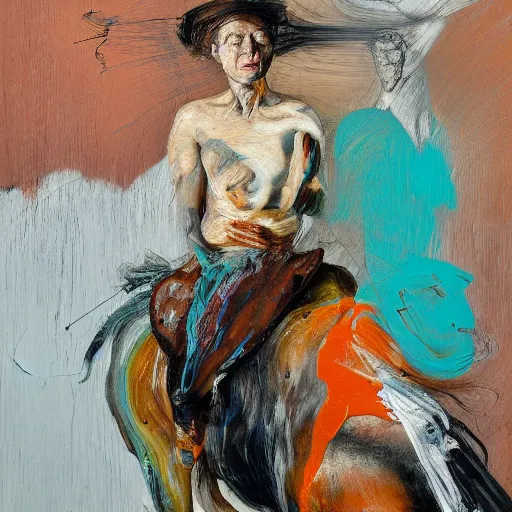 Image similar to high quality high detail expressionist painting of a woman on horseback by lucian freud and jenny saville and francis bacon and nicola samori, hd, anxiety, turquoise and orange