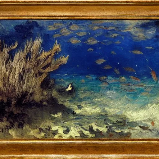 Image similar to underwater scene of a coral reef teeming with aquatic life, by Gustave Courbet Edouard Manet Jean-Francois Millet