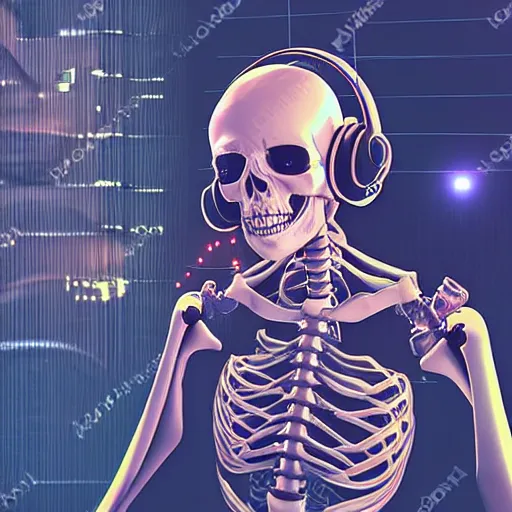Image similar to cyberpunk skeleton with headphones playing synthesizer, smoke, lights, lasers, highly detailed, realistic,