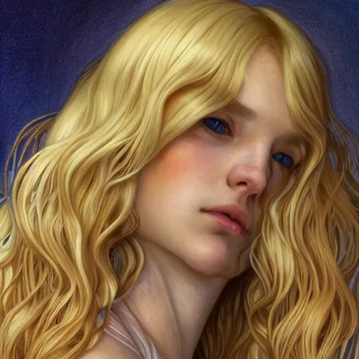 Image similar to A young woman with blonde long hair and bangs in shorts and white shirt drawn by Donato Giancola and Artgerm, face by Adam Hughes, Light by Julie Bell, design by alphonse mucha, background by James Jean and gustav klimt and John Marshall Gamble, 4k, volumetric lighting, french nouveau, trending on artstation, octane render, hyperrealistic