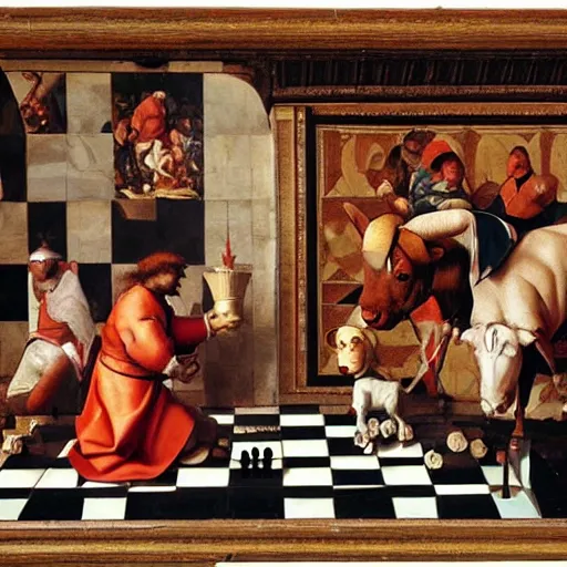 Prompt: a bull and a bear playing chess, renaissance painting