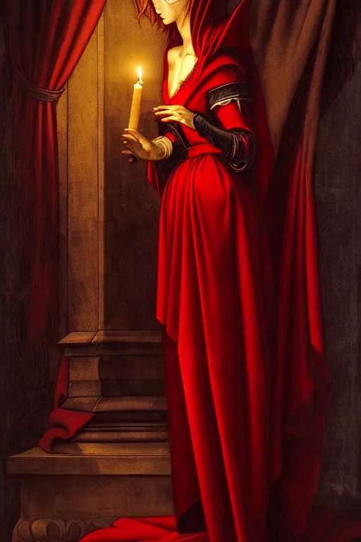 Prompt: a vampire in an ornate red dress, obelisks and black pyramids, candle light, oil painting, high detail, dark lighting, atmospheric, extremely detailed, intricate, da vinci, michelangelo, caravaggio, hans holbein, raphael, donatello, 8 k