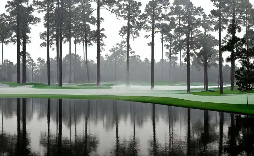 Image similar to augusta national, the masters, nr. 1 2, completely flooded with brown water, beautiful ambient light, fog,