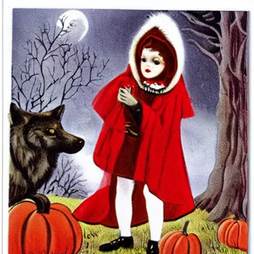 Prompt: little red riding hood wearing a luxurious fur coat with a wolf head hood, vintage Halloween postcard