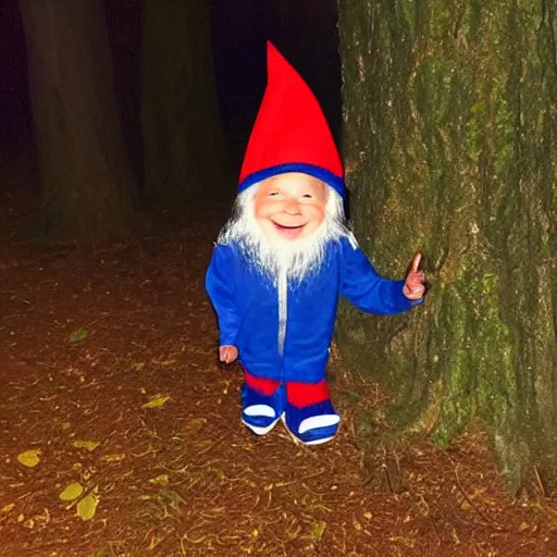 Prompt: a bad quality phone recording of a small person with a smile in his face dressed as a gnome peeking behind a tree, forest trail, night time, bright camera flash, camera shaking, realistic, phone recording, bad quality, 480p, scary