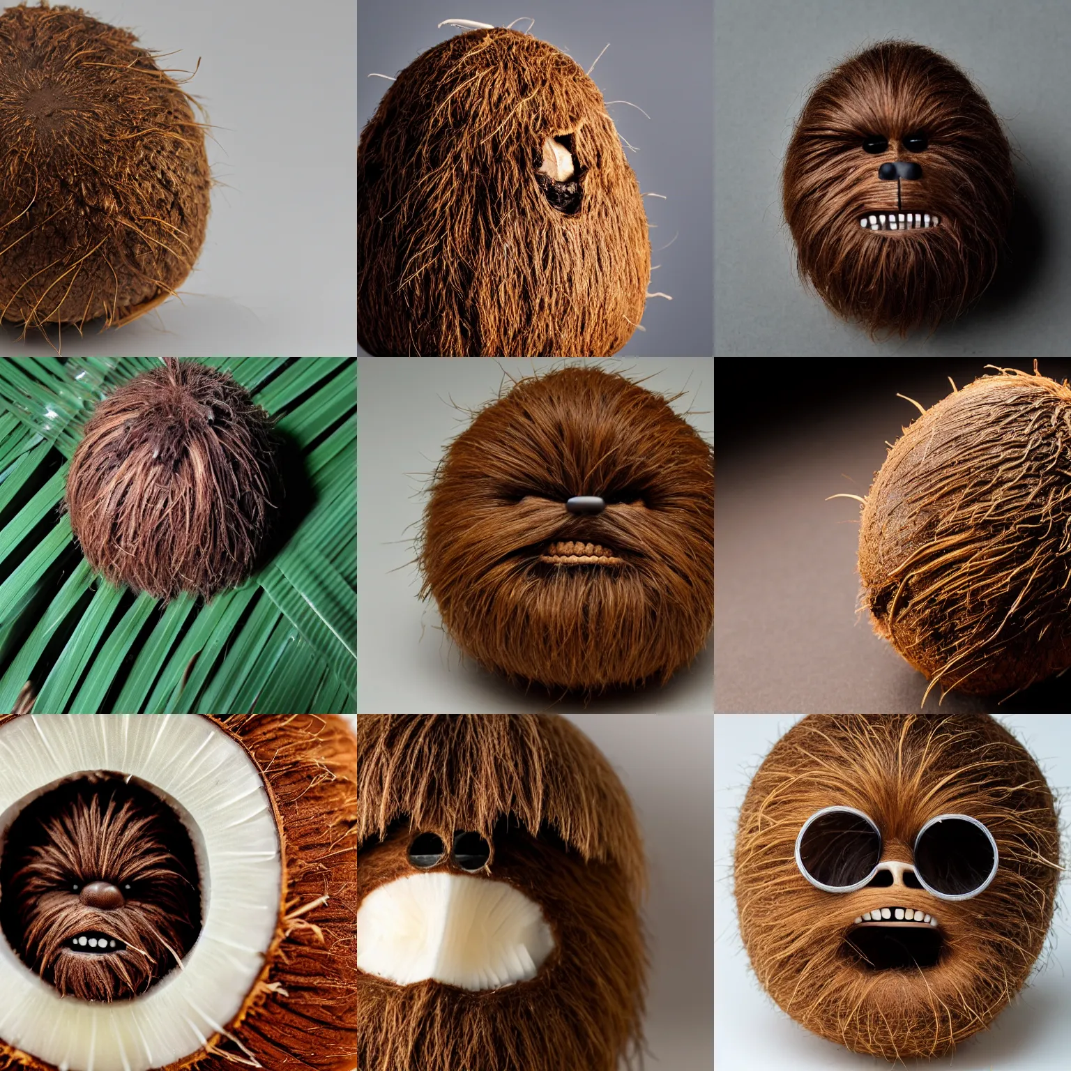 Image similar to a coconut that looks like chewbacca, macro lens, high quality, studio lighting