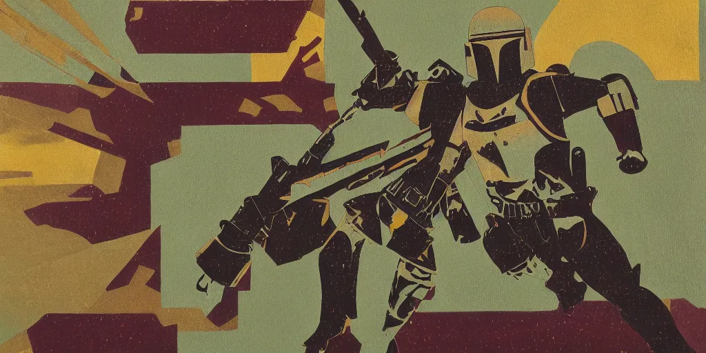 Image similar to textured art deco painting of boba fett, flying from bottom left to top right, muted greens and browns, geometric, gold and deep purple background with lightning bolt