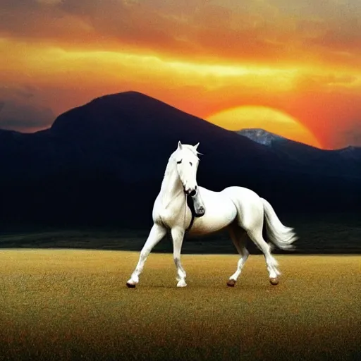 Prompt: harrison ford on a white stallion, photogenic, realistic, sunset, detailed, 4 k