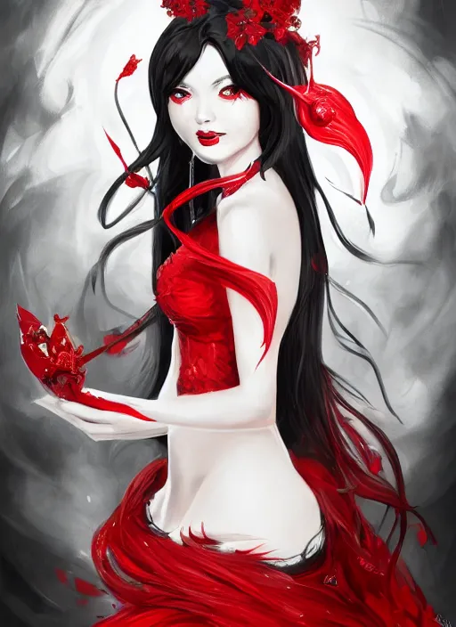 Image similar to a highly detailed illustration of beautiful long hime cut black hair white woman wearing a red dress, red eyes, dramatic smile pose, intricate, elegant, highly detailed, centered, digital painting, artstation, concept art, smooth, sharp focus, league of legends concept art, WLOP